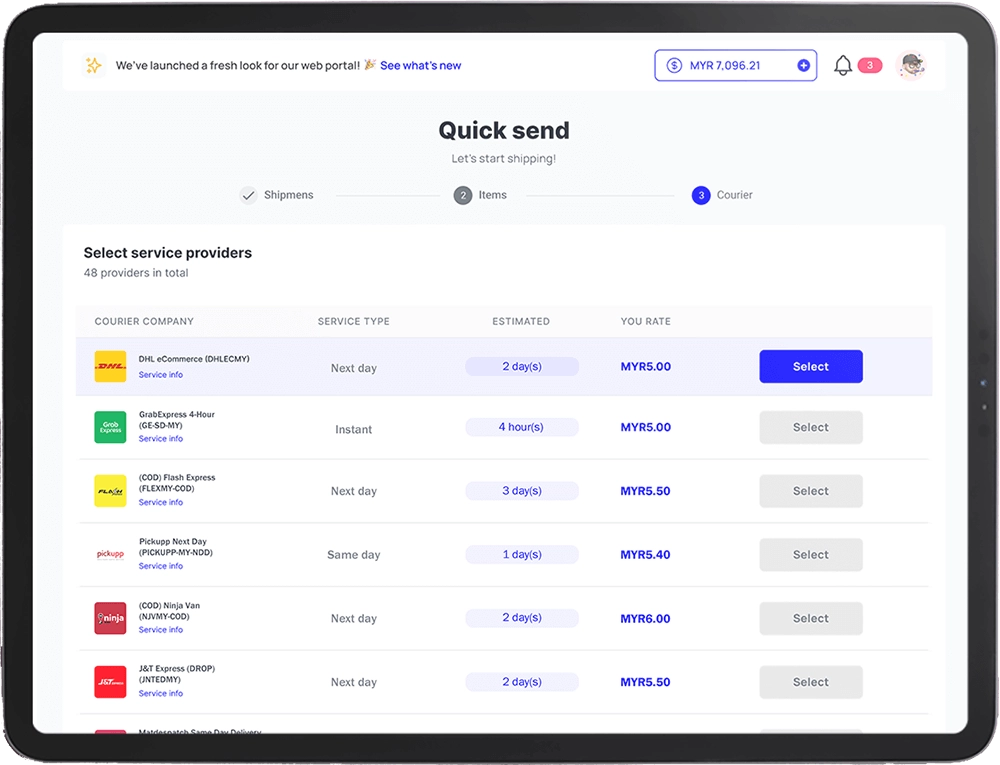 One account to manage all your Malaysia delivery service needs